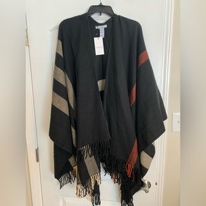 Chaus NEW with tags black wrap with creme/red accent stripes/fringe hem.
